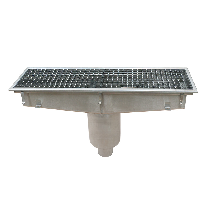 Modular chemical stainless channel drain na may anti-slip mesh grating at vertical floor drain